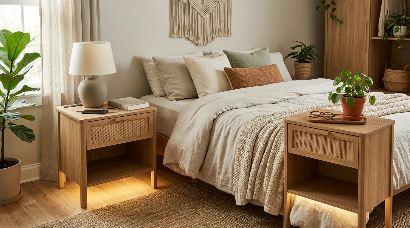 Boho Rattan Nightstands (Set of 2) with LED + Charging
