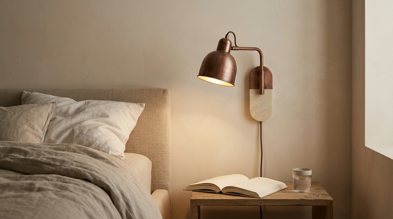 Copper & Marble Wall Lamp: Wabi-Sabi Bedroom Calm