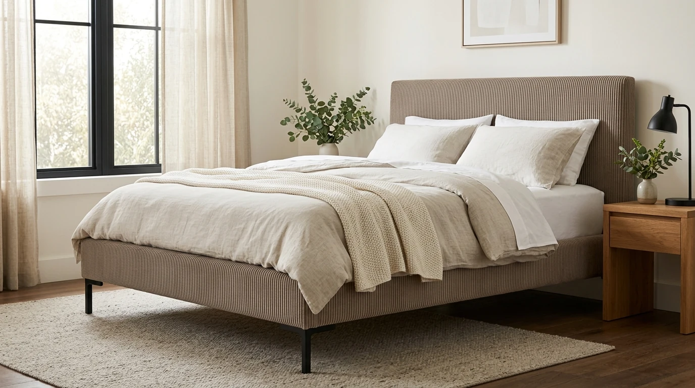 Corduroy Queen Platform Bed: Chic, Sturdy Metal Legs