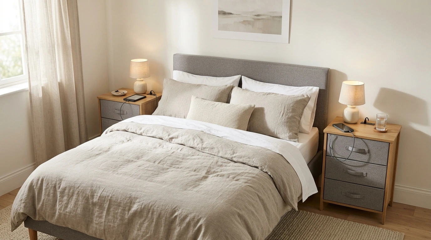 19” Bedside Table Set (2) w/ Charging + Fabric Drawers