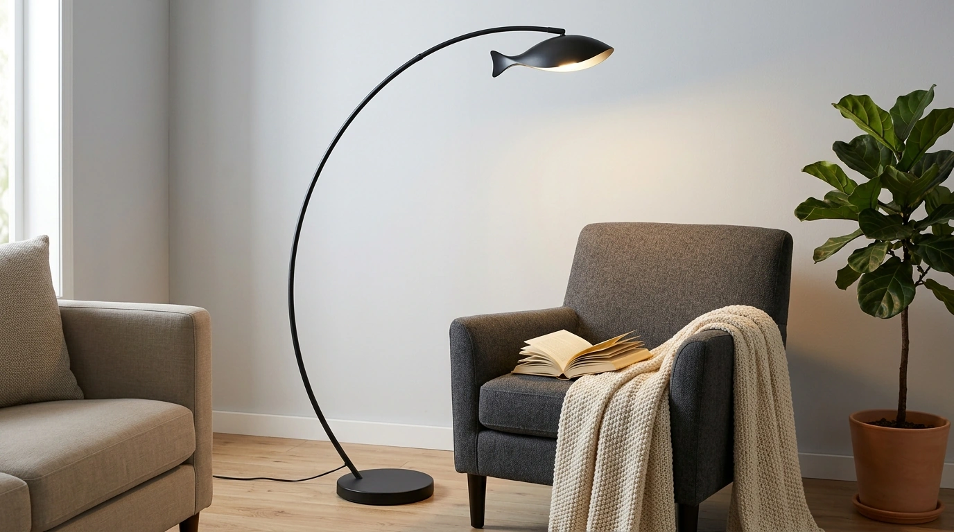 Black Arc LED Fish Floor Lamp for Living Room & Bedroom