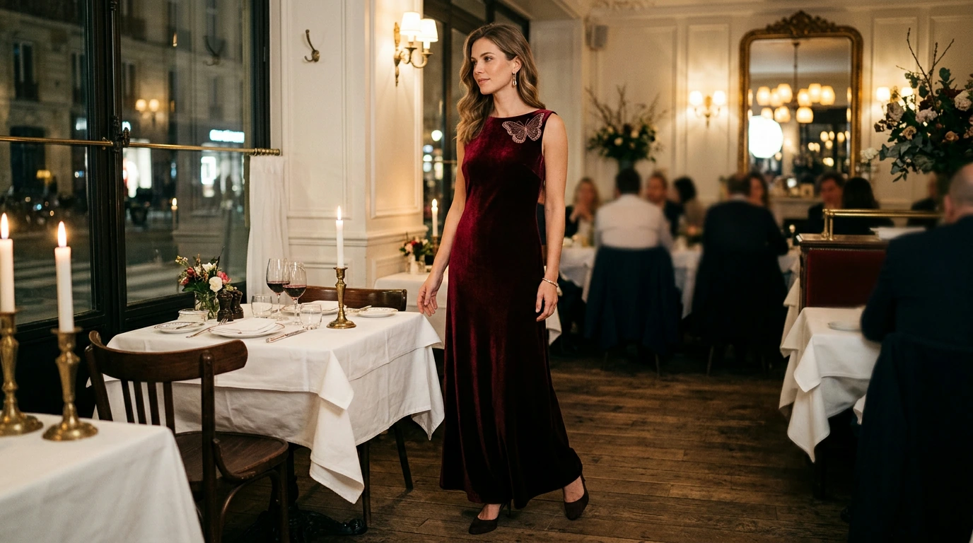 French Velvet Dress with Butterfly Appliqué: Evening Style