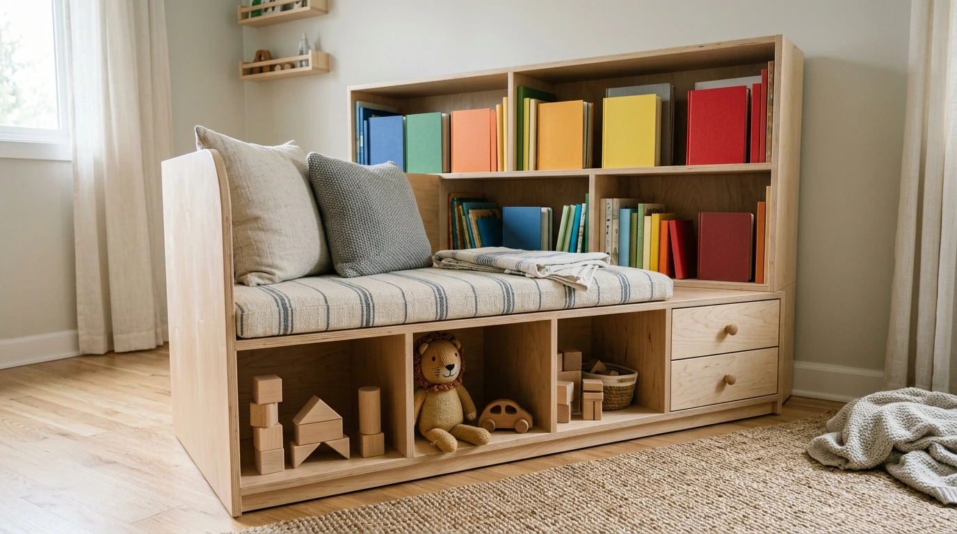 Kids Bookshelf with Reading Nook & Toy Storage Setup