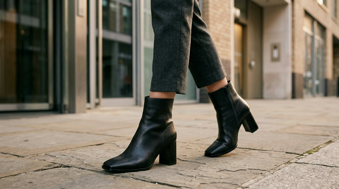 Square Toe Leather High Heel Ankle Boots for Women