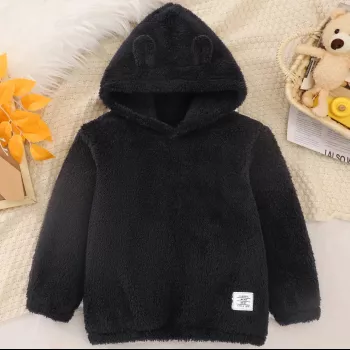 Boys’ Black Plush Bear-Ear Hoodie: Cozy & Cute